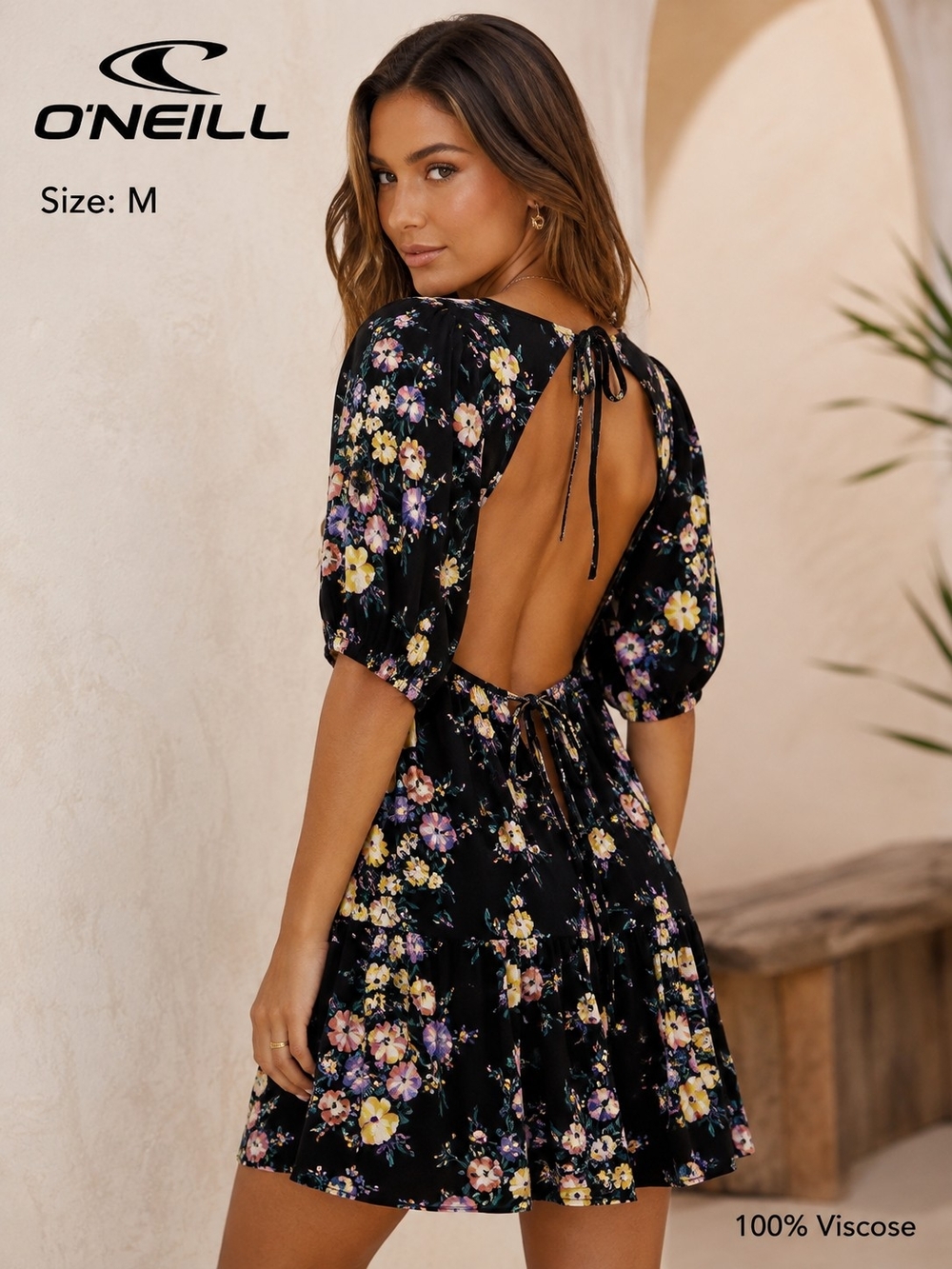 O'Neill Women's Floral Puff Sleeve Tie Back Dress Black Size M NWT